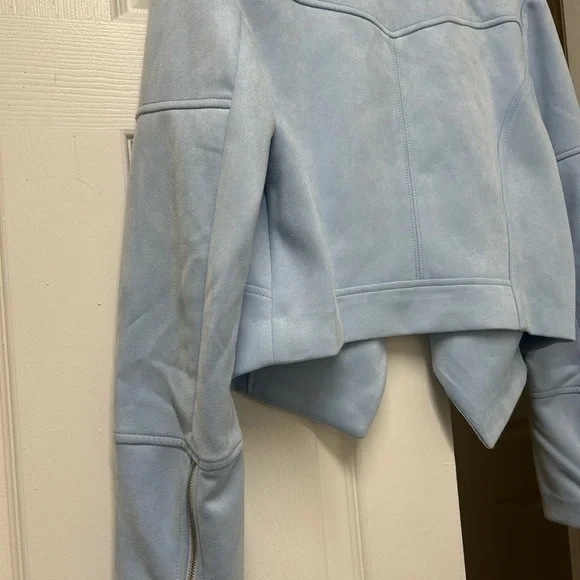 NWT White House Black Market Faux Suede Drape Front Jacket Baby Blue Size M